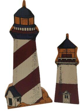 Wood Lighthouse Set Of 2 2 Sizes READ Red White Black